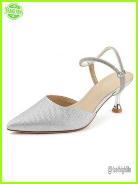 Kitten Heels Women Pointed Toe PU Slingback Rhinestone Dress Pumps